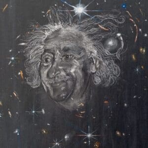 A drawing celebrating the recent James Webb Space Telescope image of a cluster of galaxies called SMAC 0723. Including lots of curved galaxies with Einstein being very pleased with the result - once again confirming his theory of gravitational lensing.