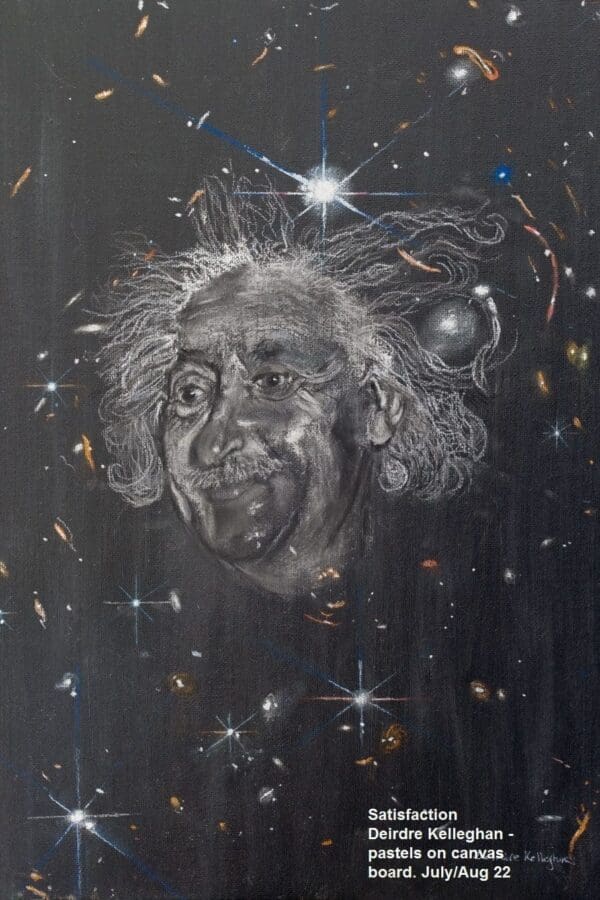 A drawing celebrating the recent James Webb Space Telescope image of a cluster of galaxies called SMAC 0723. Including lots of curved galaxies with Einstein being very pleased with the result - once again confirming his theory of gravitational lensing.