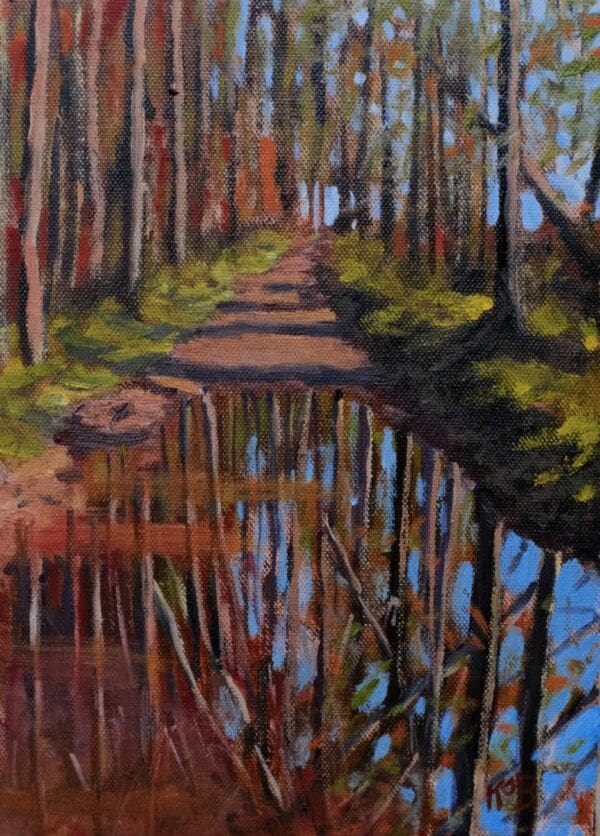 painting of a woodland with reflections