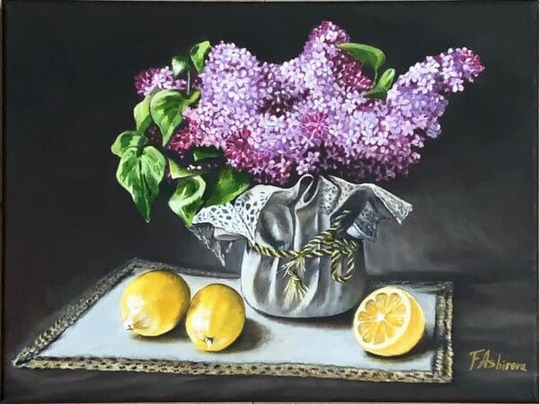 Still life '' Lilacs with lemons''