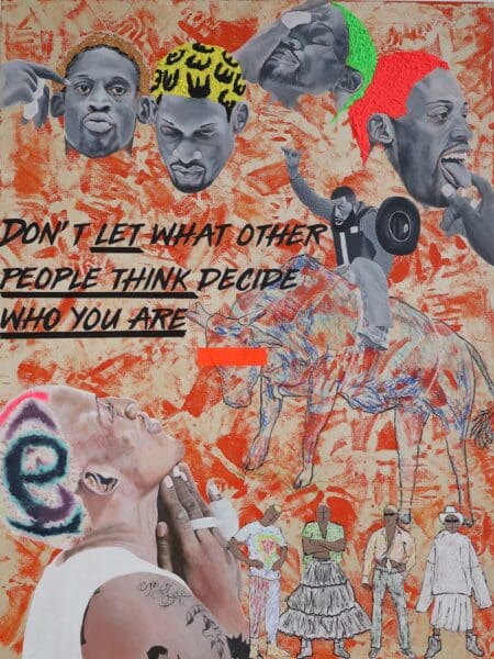 Acrylic and oil pastel painting of Dennis Keith Rodman on wood board (2024) 60cm x 80cm