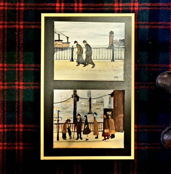 In the manner of L.S.Lowry "Two Sisters" and "Waiting at Bus Stop"