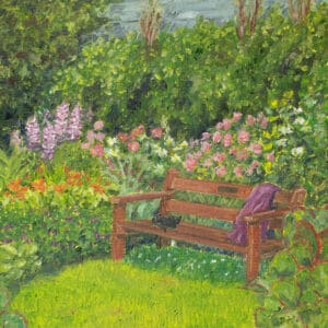 Oil painting of a peaceful garden scene with a cat lounging on a bench in the sun, surrounded by flowers and greenery.