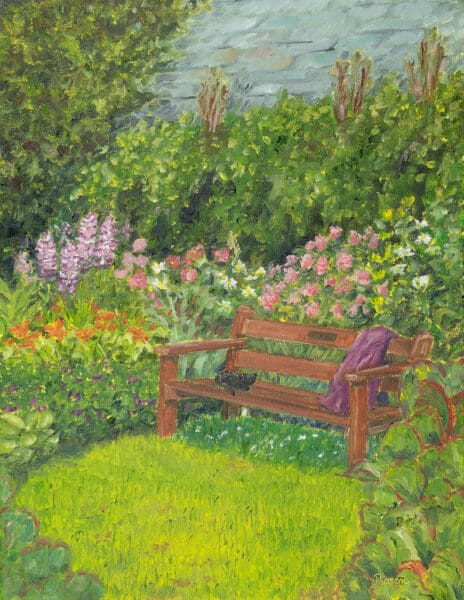 Oil painting of a peaceful garden scene with a cat lounging on a bench in the sun, surrounded by flowers and greenery.