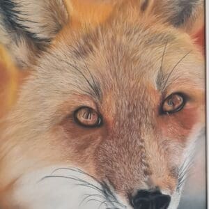 A detailed, close-up painting of a fox's face with warm orange, brown, and white fur. The fox's amber eyes are prominently featured, and its expression appears calm and alert.