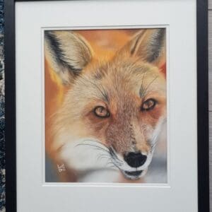 A detailed, close-up painting of a fox's face with warm orange, brown, and white fur. The fox's amber eyes are prominently featured, and its expression appears calm and alert.