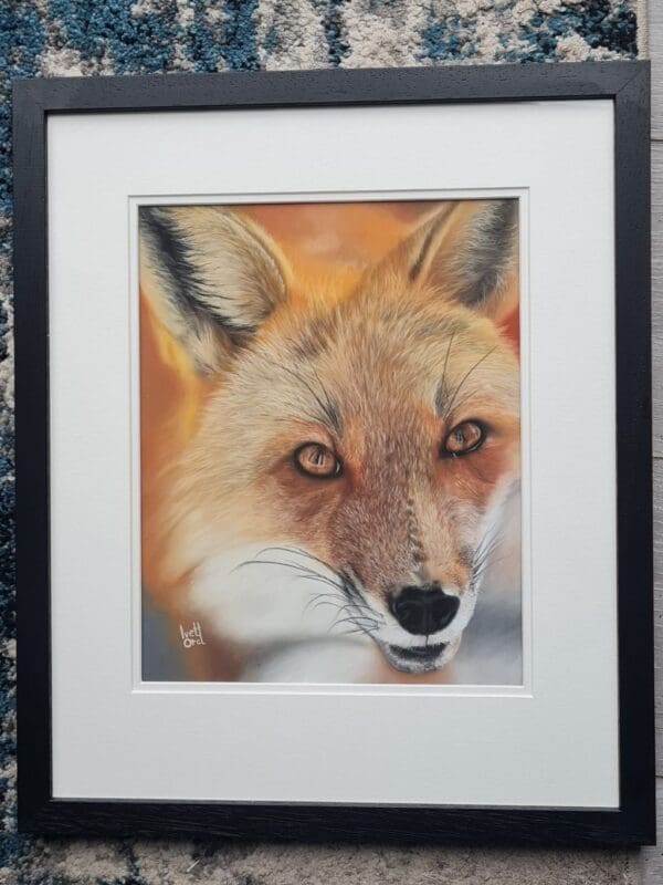 A detailed, close-up painting of a fox's face with warm orange, brown, and white fur. The fox's amber eyes are prominently featured, and its expression appears calm and alert.