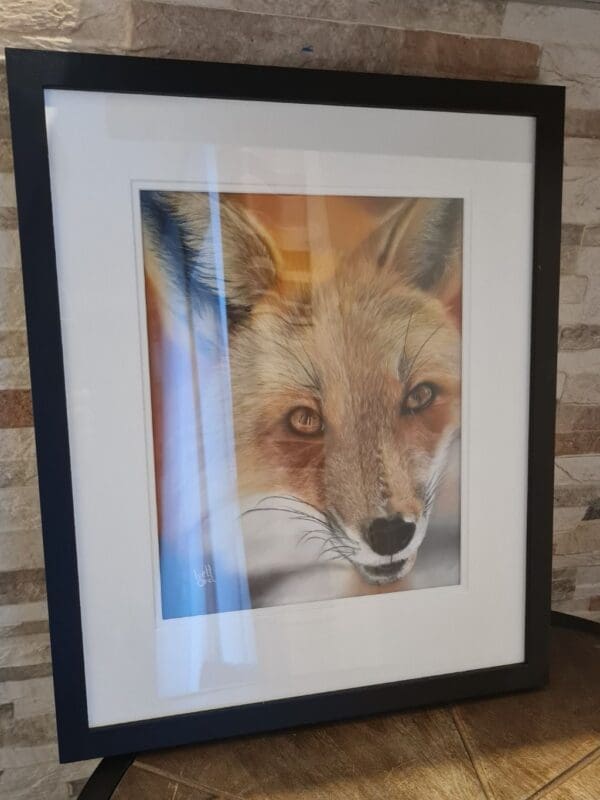 A detailed, close-up painting of a fox's face with warm orange, brown, and white fur. The fox's amber eyes are prominently featured, and its expression appears calm and alert.