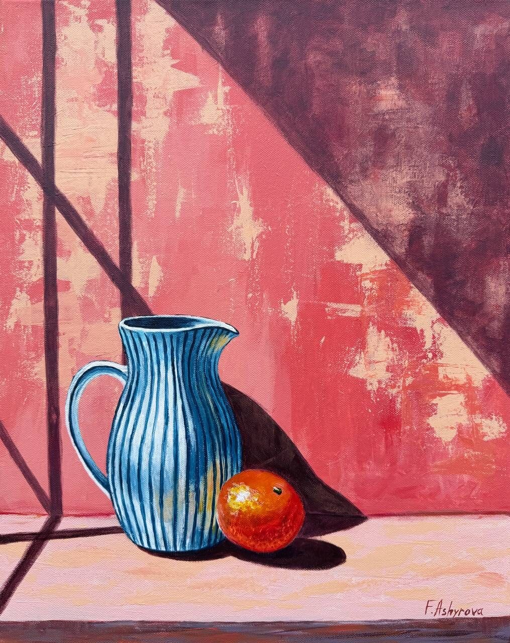 Still life with vase and orange acrylics