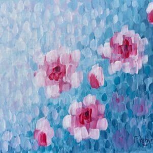 his abstract cherry blossom painting was created in one breath, right after a walk filled with admiration for blooming spring trees. Painted with bold, expressive brushstrokes, the large cherry blossoms seem to float across a vibrant azure-blue background. The abstract style captures the fleeting magic of nature and translates a spontaneous emotional response into color and form. It’s a visual memory—intuitive, joyful, and full of light.