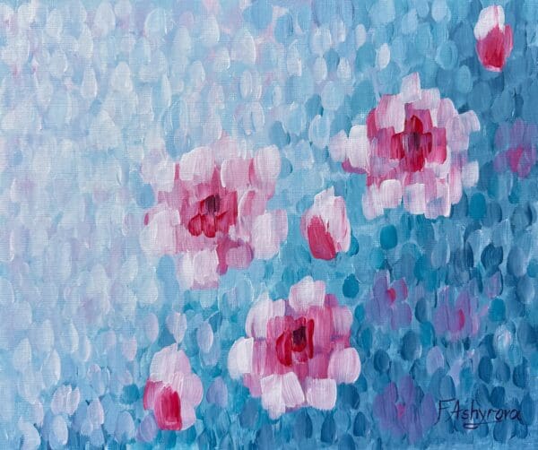 his abstract cherry blossom painting was created in one breath, right after a walk filled with admiration for blooming spring trees. Painted with bold, expressive brushstrokes, the large cherry blossoms seem to float across a vibrant azure-blue background. The abstract style captures the fleeting magic of nature and translates a spontaneous emotional response into color and form. It’s a visual memory—intuitive, joyful, and full of light.