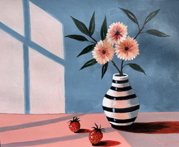 Striped vase with pink flowers and strawberries in sunlight