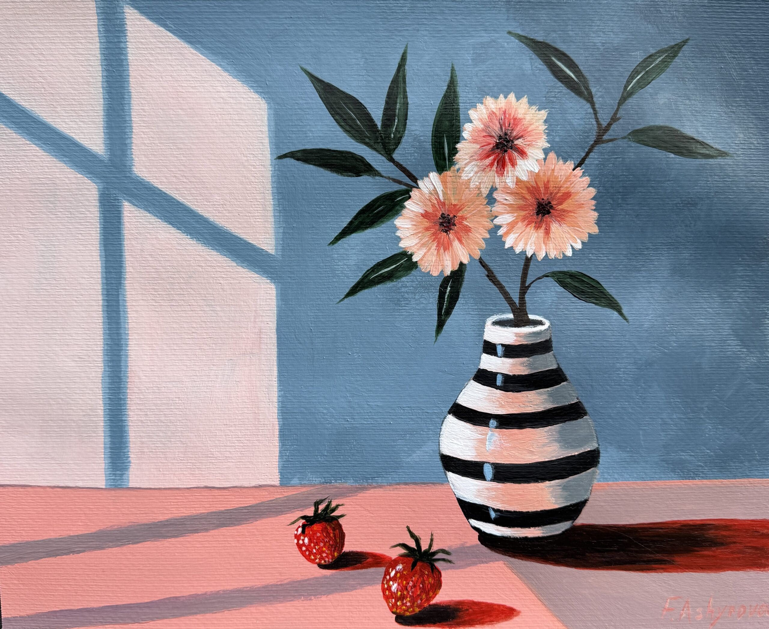 Striped vase with pink flowers and strawberries in sunlight