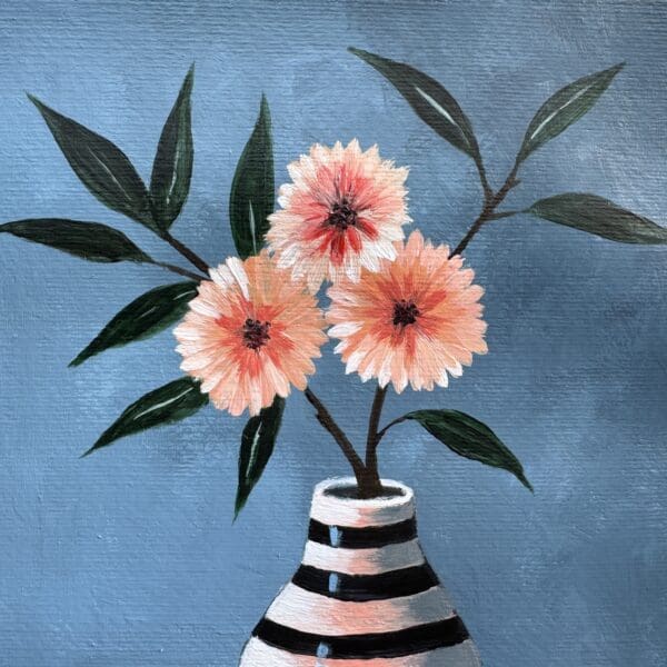 Striped vase with pink flowers and strawberries in sunlight - Image 2