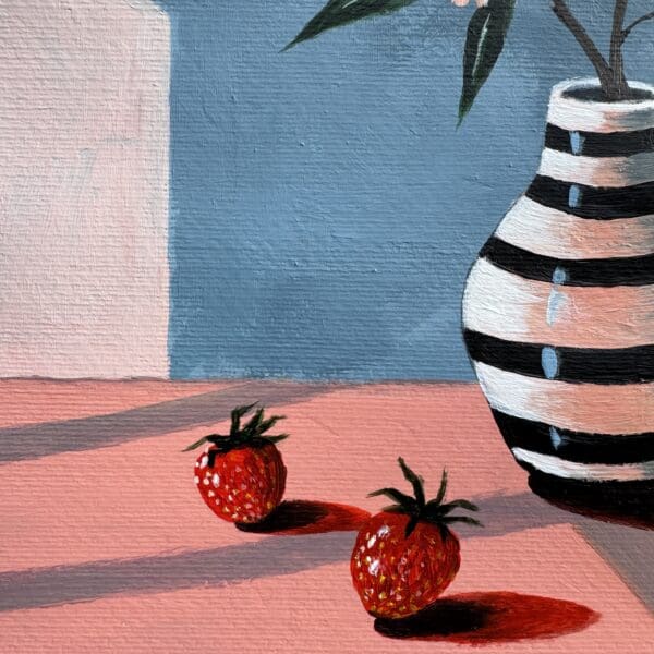 Striped vase with pink flowers and strawberries in sunlight - Image 3