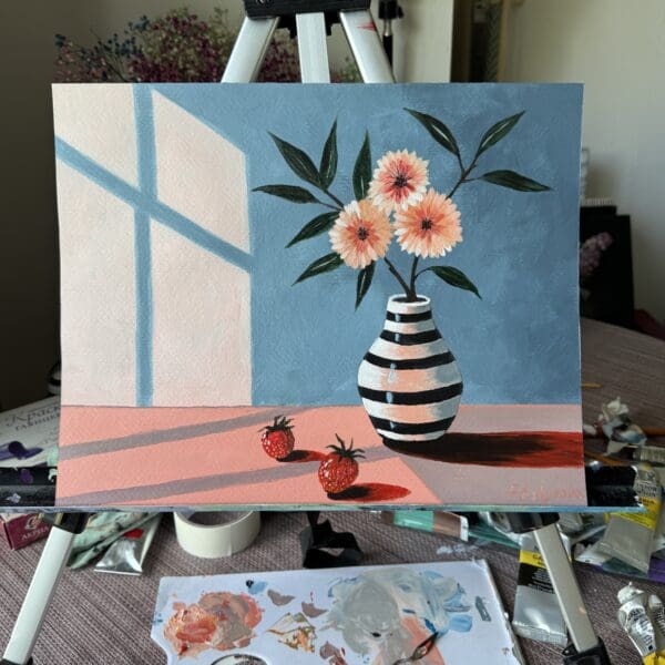 Striped vase with pink flowers and strawberries in sunlight - Image 4