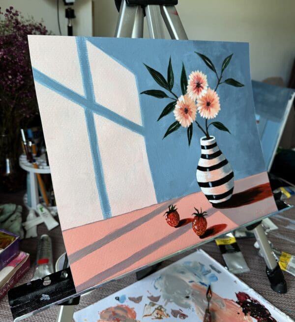 Striped vase with pink flowers and strawberries in sunlight - Image 5