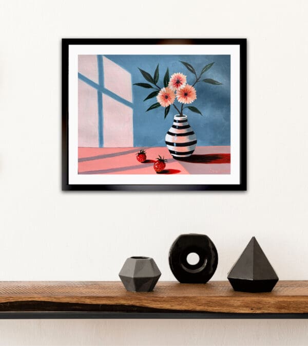Striped vase with pink flowers and strawberries in sunlight - Image 6