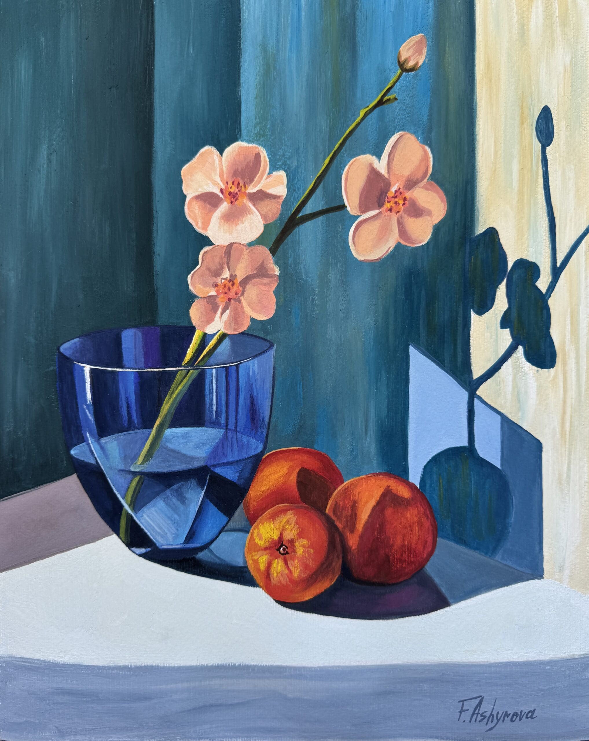 A branch of peach blossoms in a glass goblet with peach