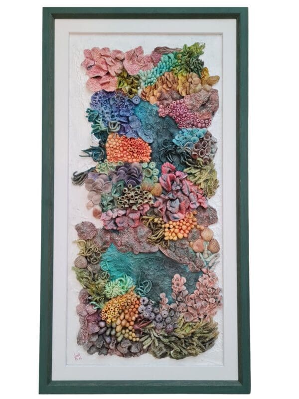 Thumbnail: clay textures in a variety of bold colours including purples, blues, greens, oranges, and pinks. Thumbnail: clay textures in a variety of bold colours including purples, blues, greens, oranges, and pinks. Thumbnail: clay textures in a variety of bold colours including purples, blues, greens, oranges, and pinks. Thumbnail: ange, purple, blue, and green, with highly detailed surface patterns and depth. Thumbnail: clay textures in a variety of bold colours including purples, blues, greens, oranges, and pinks. Thumbnail: clay textures in a variety of bold colours including purples, blues, greens, oranges, and pinks. Thumbnail: clay textures in a variety of bold colours including purples, blues, greens, oranges, and pinks. Original 3D Mixed Media Artwork – Air-Dry Clay, Acrylic, Varnish | Framed | For Sale Dive into a colourful underwater world with Kaleidoscope — a vibrant, textural artwork inspired by the rich beauty of coral reefs. Hand-sculpted from air-dry clay and painted in layers of acrylic, this piece bursts with playful shapes, bold colours, and ocean-inspired forms that seem to dance across the surface. Every detail is created by hand, bringing to life the organic variety of marine textures — from soft sea sponges and anemones to clusters of coral and imagined reef life. Finished with a protective varnish and professionally framed, it’s ready to brighten any space. Perfect for ocean lovers, collectors of unique art, or anyone drawn to tactile, nature-inspired creations. Kaleidoscope - 3D textured mixed media wall art