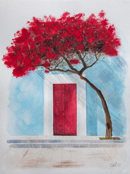 Red Door with Blooming Tree