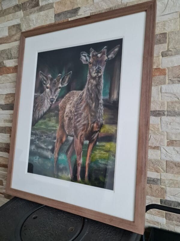 Framed pastel painting of two deer standing quietly among trees in a forest setting. The artwork is highly detailed, featuring soft natural tones, realistic fur textures, and gentle light filtering through foliage. Professionally framed with a double mount and glass.