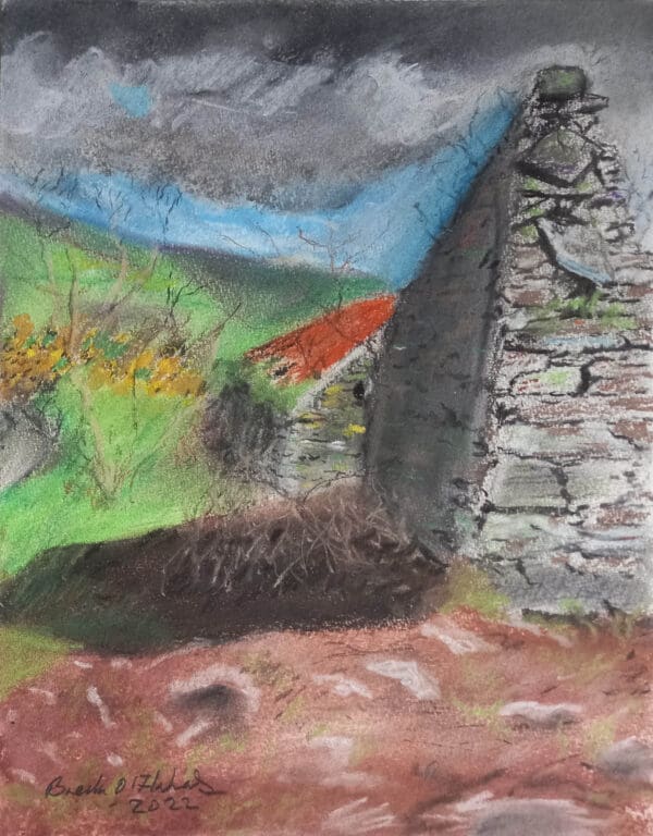 old stone building with orange roof, in a landscape