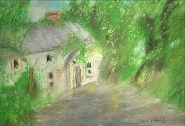 Derelict house surrounded by green trees
