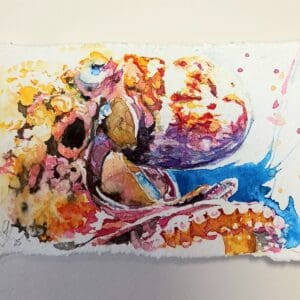 Watercolour painting of a vibrant coloured octopus. Showng its head and some of its tentacle. The paper has hand torn edges and it is float mounted in a black deep edged frame