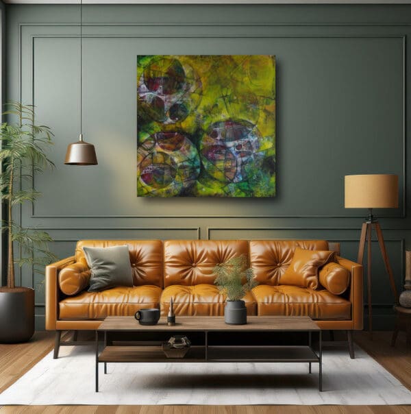 Painting hung above a sofa