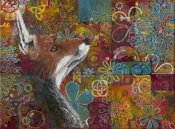 A fox’s head looking up in an abstract background