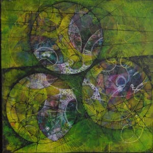 An abstract and mixed media painting by Siobain O’Brien