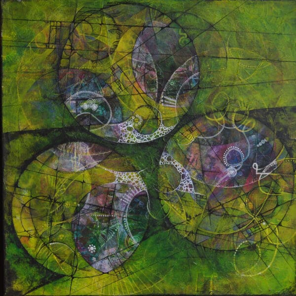 An abstract and mixed media painting by Siobain O’Brien