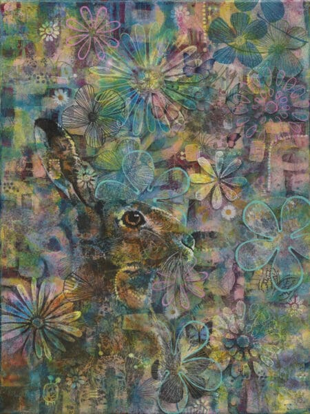 A hare is hiding behind a layer of abstract patterns