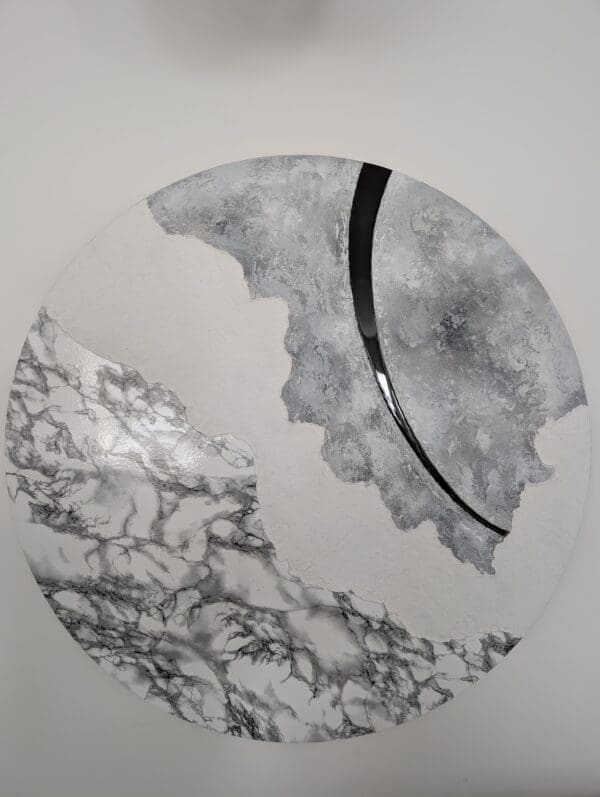Modern Abstract Round Canvas Design Wall Art - Marble, Resine/Epoxy, Grey, White and Black Tones - Image 3