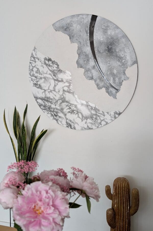Modern Abstract Round Canvas Design Wall Art - Marble, Resine/Epoxy, Grey, White and Black Tones