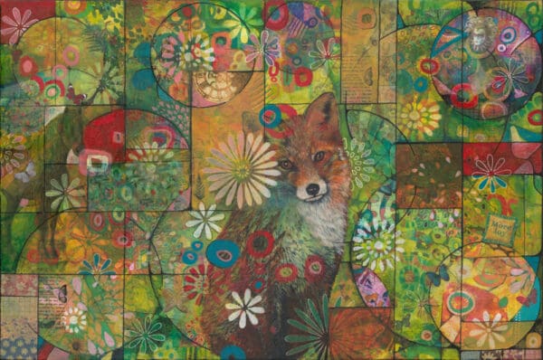 A fox sits on a background of colourful art