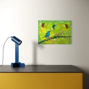 9_Blue bird on floral branch with butterflies in background