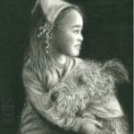 Charcoal portrait artwork of a girl hugging her dog, expressing calm and companionship.