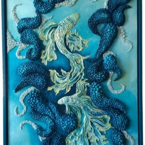 Textured mixed media artwork with hand-sculpted fish shapes in layered blue acrylic tones, surrounded by repeated dark blue sculptural forms, presented in a custom dark blue frame.