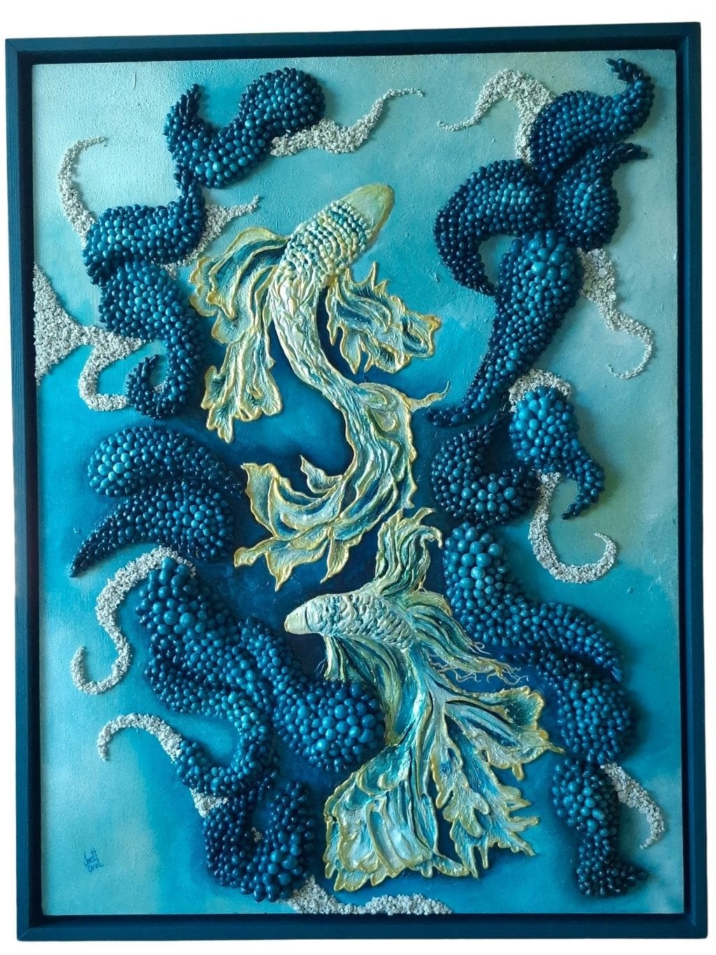 Textured mixed media artwork with hand-sculpted fish shapes in layered blue acrylic tones, surrounded by repeated dark blue sculptural forms, presented in a custom dark blue frame.
