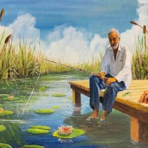 A painted moment—an old man sits on a weathered dock, rod in hand, a patient dog at his side. Reeds frame the scene, lily pads float like pauses, and light throws warm ochres against cool blues. The composition reads like a quiet conversation between land and water.
