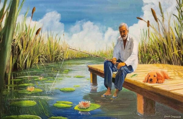 A painted moment—an old man sits on a weathered dock, rod in hand, a patient dog at his side. Reeds frame the scene, lily pads float like pauses, and light throws warm ochres against cool blues. The composition reads like a quiet conversation between land and water.