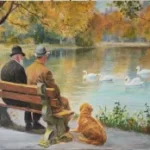 A tranquil autumn scene that portrays two older companions on a park bench, a faithful dog at their feet, while swans drift across the mirrored lake. Warm ochres and soft blues are balanced by subtle reflections on the water, conveying a calm, reflective mood. Fine brushwork and layered color reveal gentle detail in foliage and figures, suggesting a quiet moment of shared routine and companionship. This serene landscape would bring warmth and peaceful presence to your space.