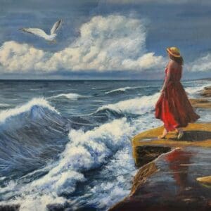 I painted this to explore the pull of the sea and a single figure standing at the edge. The red dress and straw hat ground the scene while the surf and clouds push movement across the canvas. The gull and the wet reflection on the rock add a quiet counterpoint