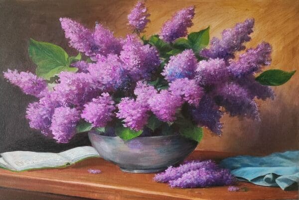 Lilac Elegance "Lilac Elegance" presents a stunning bouquet of lilacs, their rich purple hues radiating vibrancy against a warm wooden backdrop. The delicate petals and lush green leaves are meticulously rendered, inviting a sense of tranquility and beauty. A softly draped cloth and an open book add a touch of intimacy, enhancing the overall composition. This artwork embodies a serene charm, making it a perfect addition to any space in need of a floral touch. 0 Likes Artwork Original Generation 1 Generation 2 Generation 3 flowers lilac vase painting vibrant nature Generate Assistant Beta Saved Content Activity Product Description Upgrade your plan to unlock more sparks. Upgrade to use Custom Rules Boost your AI productivity with a paid plan. Lilac Elegance presents a generous bouquet of lilacs arranged in a low ceramic bowl against warm wooden tones. Dense clusters of purple petals and green leaves are rendered with luminous color and expressive brushwork, while an open book, a softly draped cloth, and scattered blossoms add a quiet, intimate note. This refined still life brings floral color and calm to living rooms, bedrooms, or study nooks — a subtle, stylish addition to your space.