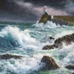 This seascape depicts towering waves smashing against jagged rocks while a solitary lighthouse stands guard beneath a brooding sky. Deep teals, slate grays and foamy whites are rendered with energetic brushwork and layered detail, conveying the spray, curl and raw momentum of each surge. Distant gulls and a weathered sea wall provide scale and narrative, giving the scene a stark, maritime drama. A striking focal piece for a living room, study or hallway, it brings a commanding coastal presence to your space.