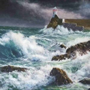 This seascape depicts towering waves smashing against jagged rocks while a solitary lighthouse stands guard beneath a brooding sky. Deep teals, slate grays and foamy whites are rendered with energetic brushwork and layered detail, conveying the spray, curl and raw momentum of each surge. Distant gulls and a weathered sea wall provide scale and narrative, giving the scene a stark, maritime drama. A striking focal piece for a living room, study or hallway, it brings a commanding coastal presence to your space.