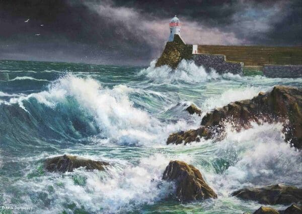 This seascape depicts towering waves smashing against jagged rocks while a solitary lighthouse stands guard beneath a brooding sky. Deep teals, slate grays and foamy whites are rendered with energetic brushwork and layered detail, conveying the spray, curl and raw momentum of each surge. Distant gulls and a weathered sea wall provide scale and narrative, giving the scene a stark, maritime drama. A striking focal piece for a living room, study or hallway, it brings a commanding coastal presence to your space.