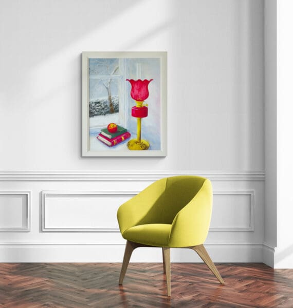 Red Globe Still Life - Apple, Books, by the Snowy Window